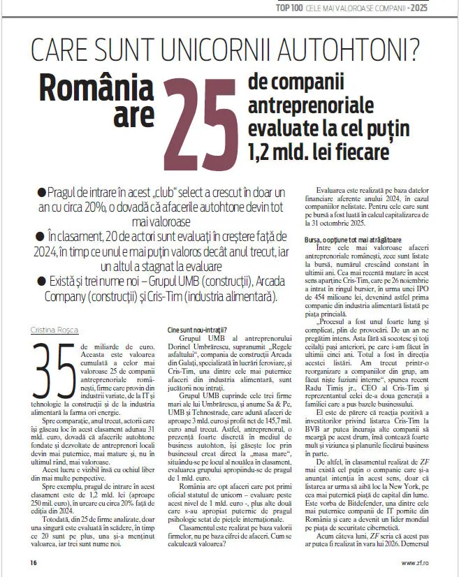 Topul celor mai valoroase companii antreprenoriale din România în 2026